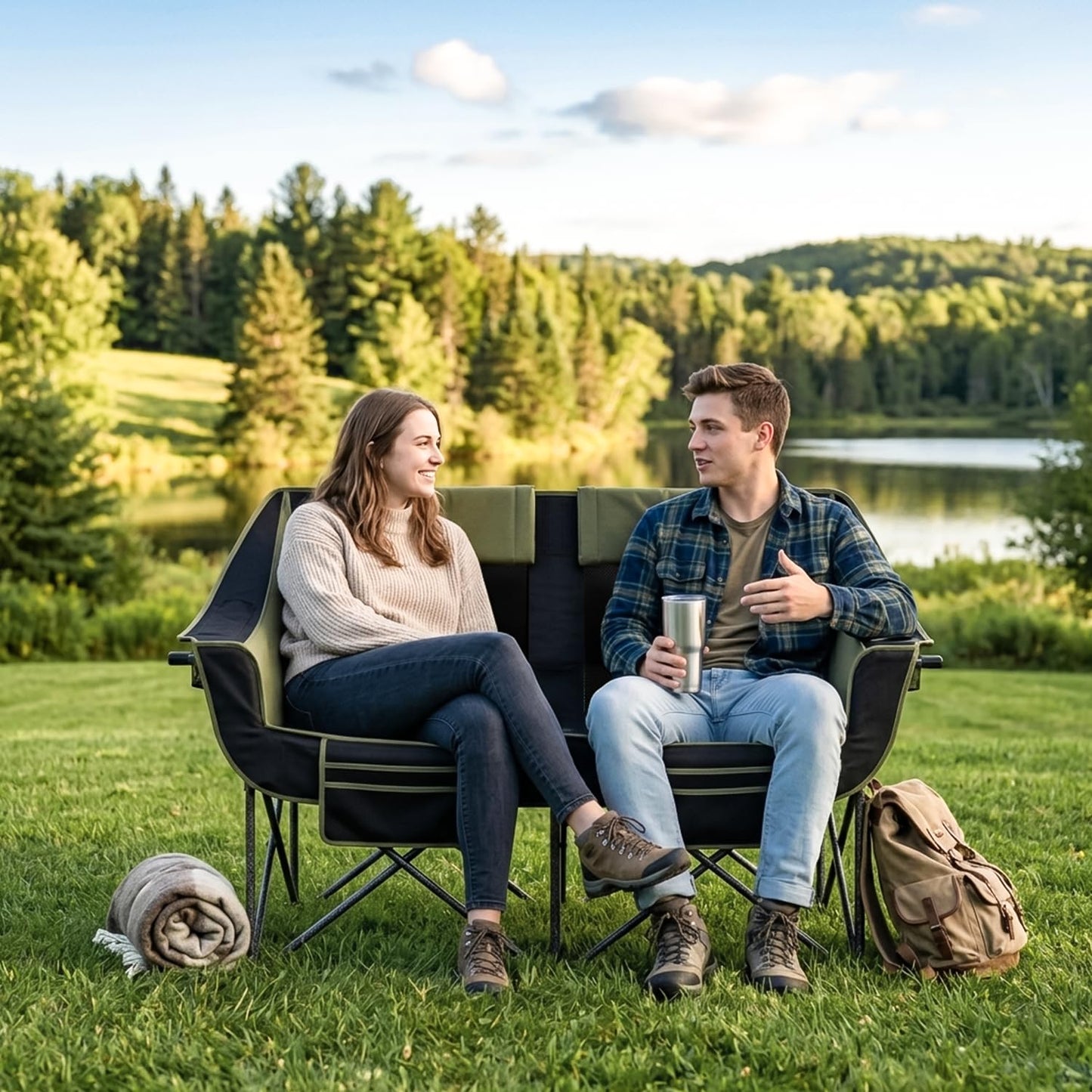 Heavy Duty Double Camping Chair with Padded Camping Loveseat – Oversized 2 Person Folding Camping Chair for Adults,Portable Camping Sofa with Cup Holders & Carry Bag for Outdoor Lawn, Beach or Patio