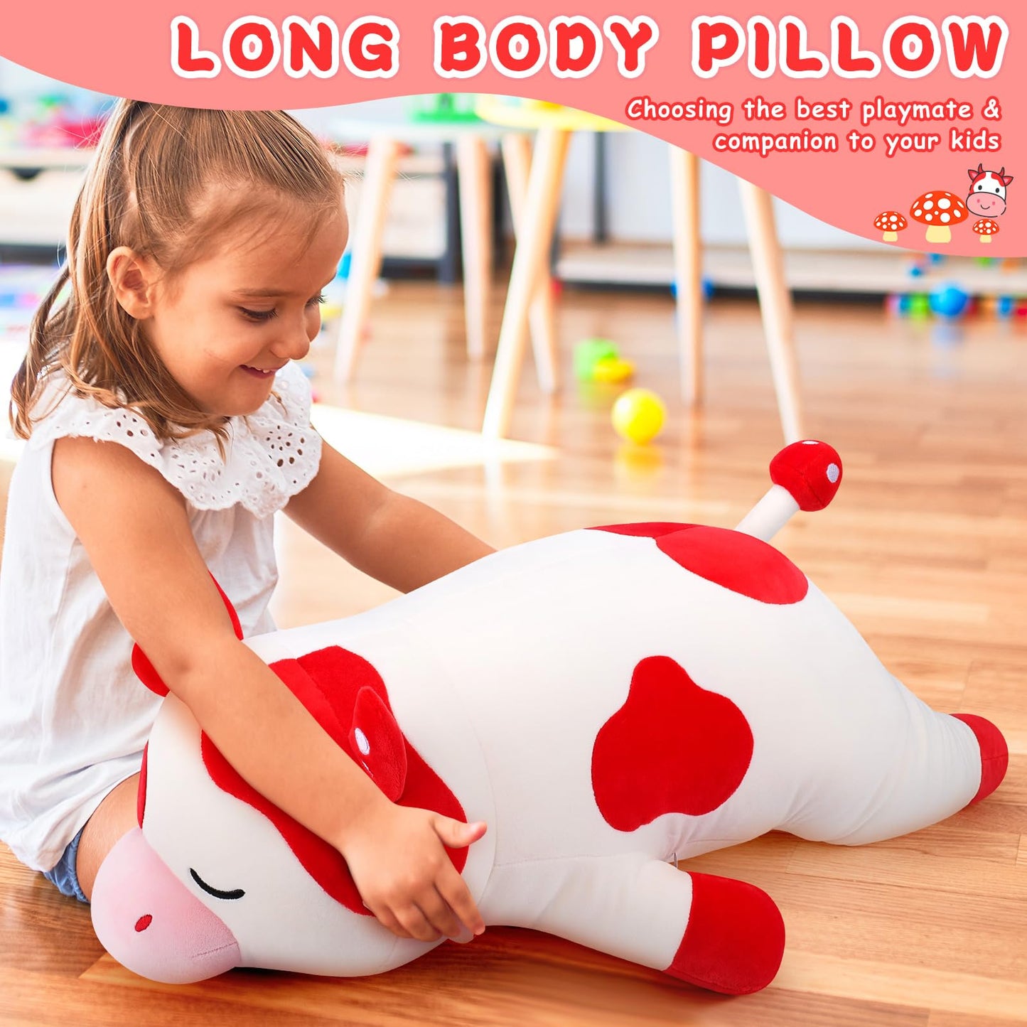 Auspicious beginning 30'' Giant Mushroom Cow Plush Stuffed Animal-Cute Mushroom Cow Plush Body Pillow Plushies, Large Sleeping Cow Stuffed Animal Big Plushie Toy, Birthday Gifts for Kids Girls Boys