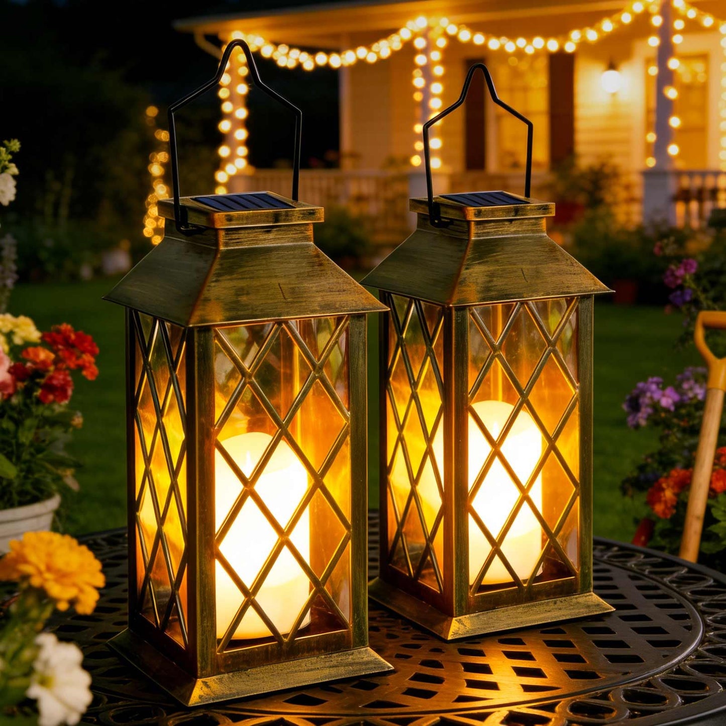 Cozymeow Solar Lanterns Outdoor Waterproof, Flickering Candles Hanging Solar Lights for Outside Garden Patio Wall Porch Decorative, Lamp with Upgraded Solar Panel, Tempered Glass & Clip, Bronze 2 Pack