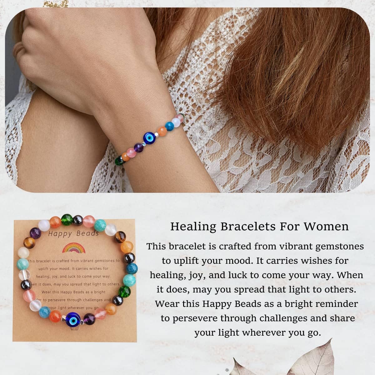 DLYFNVEV Blue Evil Eye Bracelet Triple Protection Healing Crystal Beads Colorful Gemstone for Women Rainbow Good Lucky Natural Stone Charm Boho Bohemian Jewelry empath health Gifts