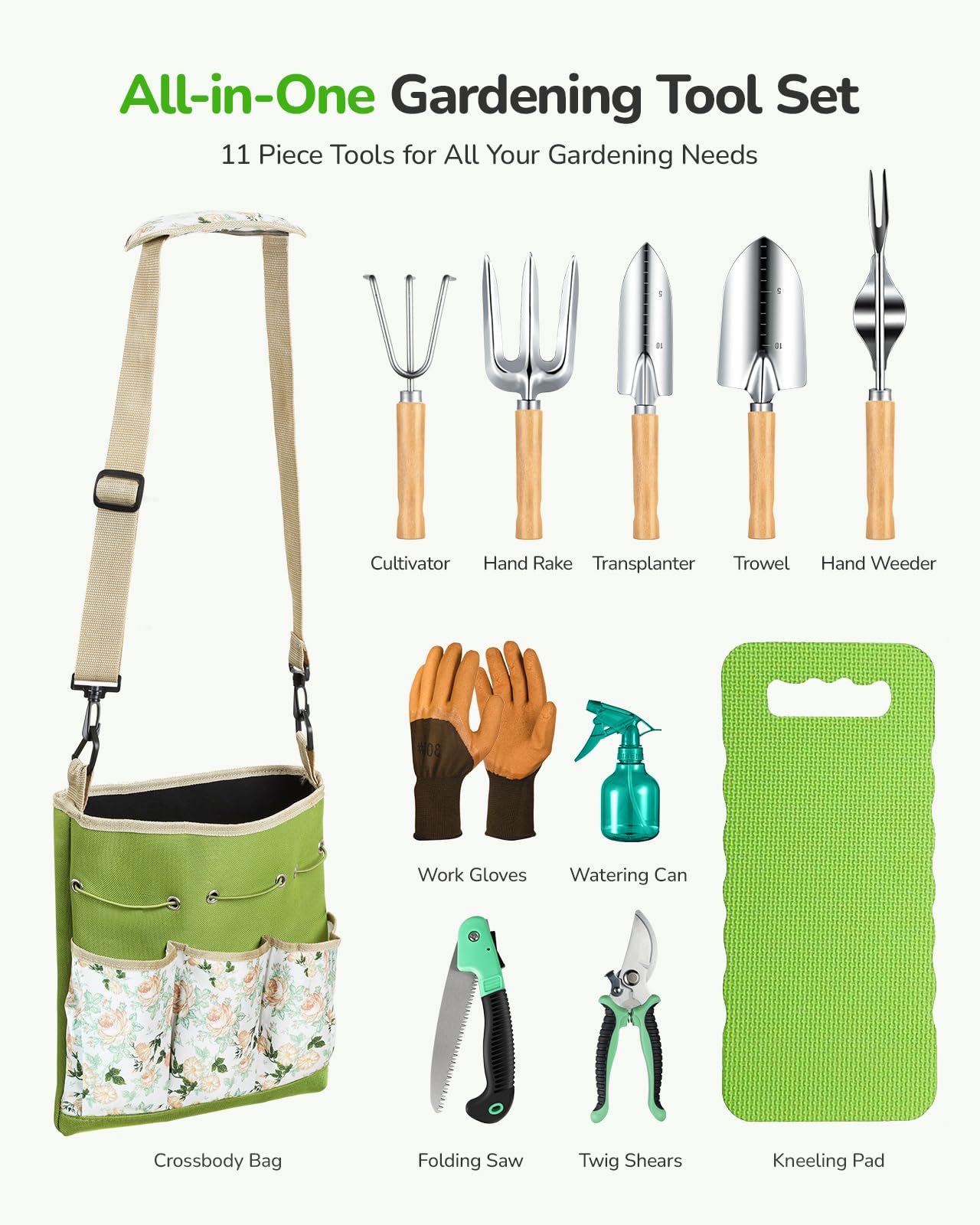 Grenebo All-in-One Garden Tool Set, 11-Piece Heavy Duty Gardening Tools with Ergonomic Canvas Shoulder Crossbody Bag, Rust-Proof Premium Garden Tool Kit, Gardening Gift for Women Men, Green, GR003