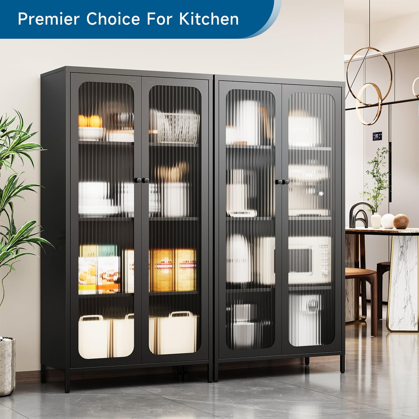 PEUKC 63'' Kitchen Pantry Storage Cabinet, Display Cabinet with Glass Doors and 3 Adjustable Shelves, Metal Kitchen Hutch Storage Cabinet for Dining Room, Living Room (Black)