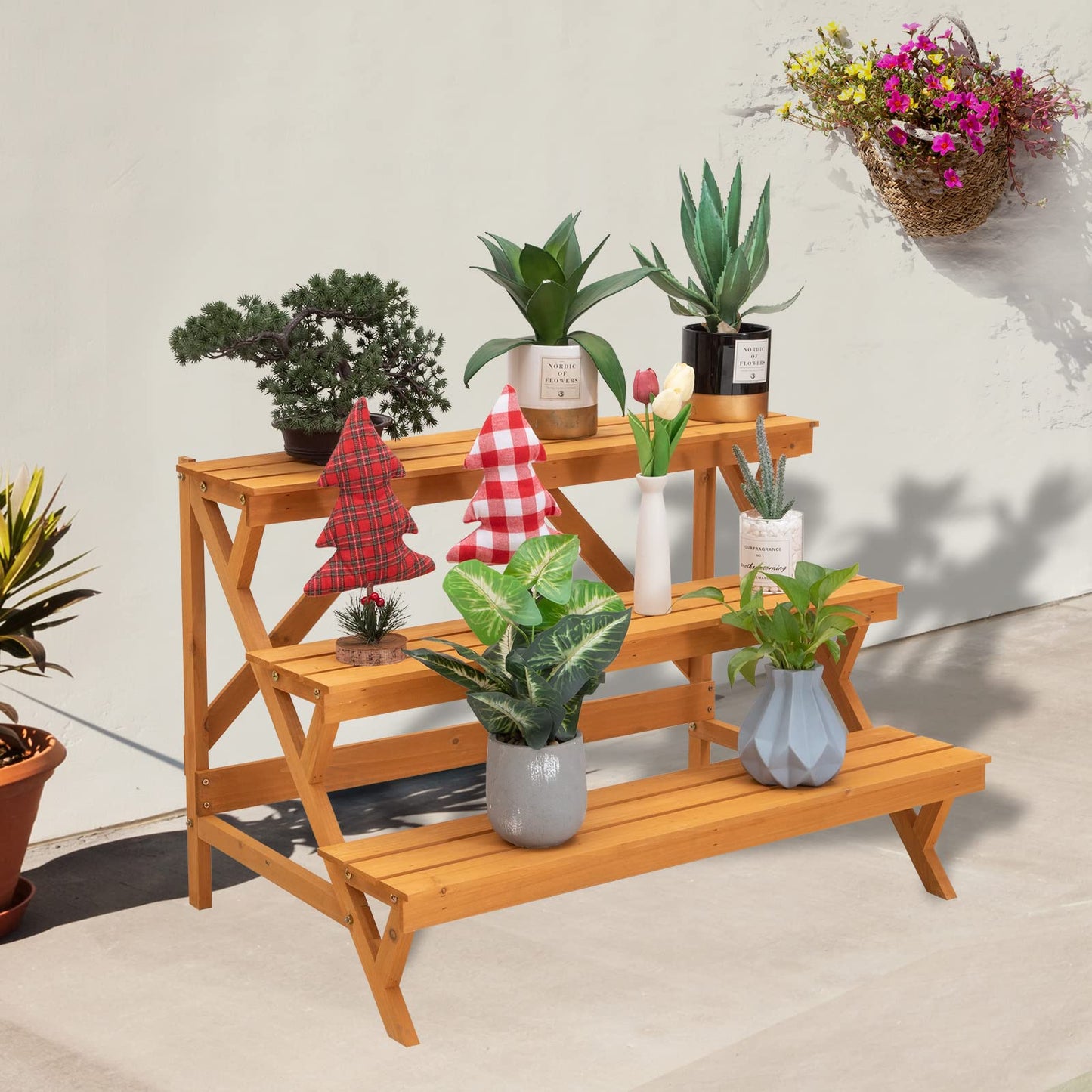 3 Tier Wood Plant Stand Indoor Outdoor, Ladder Large Multi Tiered Plant Holder, Wooden, Display Storage Shelf, 35.43"×23.62"×23.62", 3 Layered Step Plant Rack, Stair Plant Stand