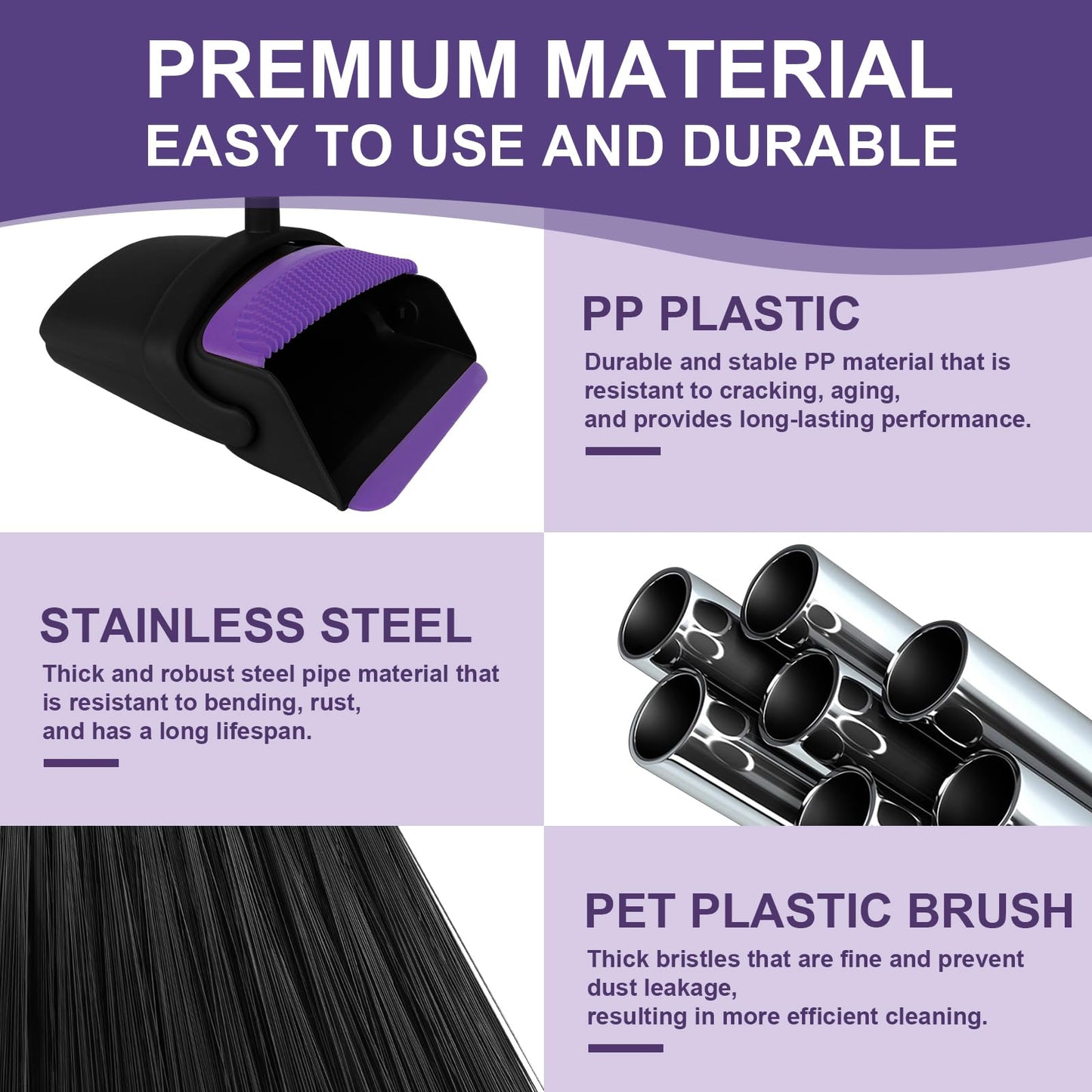 UDUK Broom with Dustpan Combo Set and Silicone Air Broom Kit, 51" Long Handle Floor Squeegee, Purple Household Kit for Glass Window Rugs Pet Hair Home