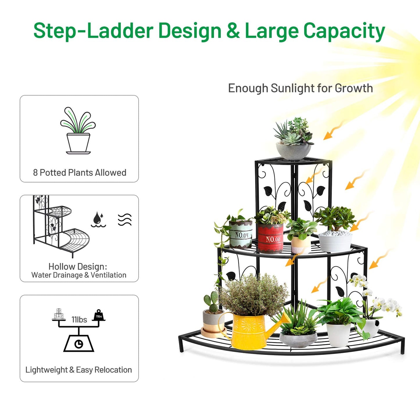 S AFSTAR Corner Plant Stand, 3-Tier Mental Plant Stand, Plant Flower Pot Display Rack, Pot Holder Shelf, Rustproof Ladder Potted Shelf, Outdoor Plant Stands for Patio Garden Yard Balcony (Black)