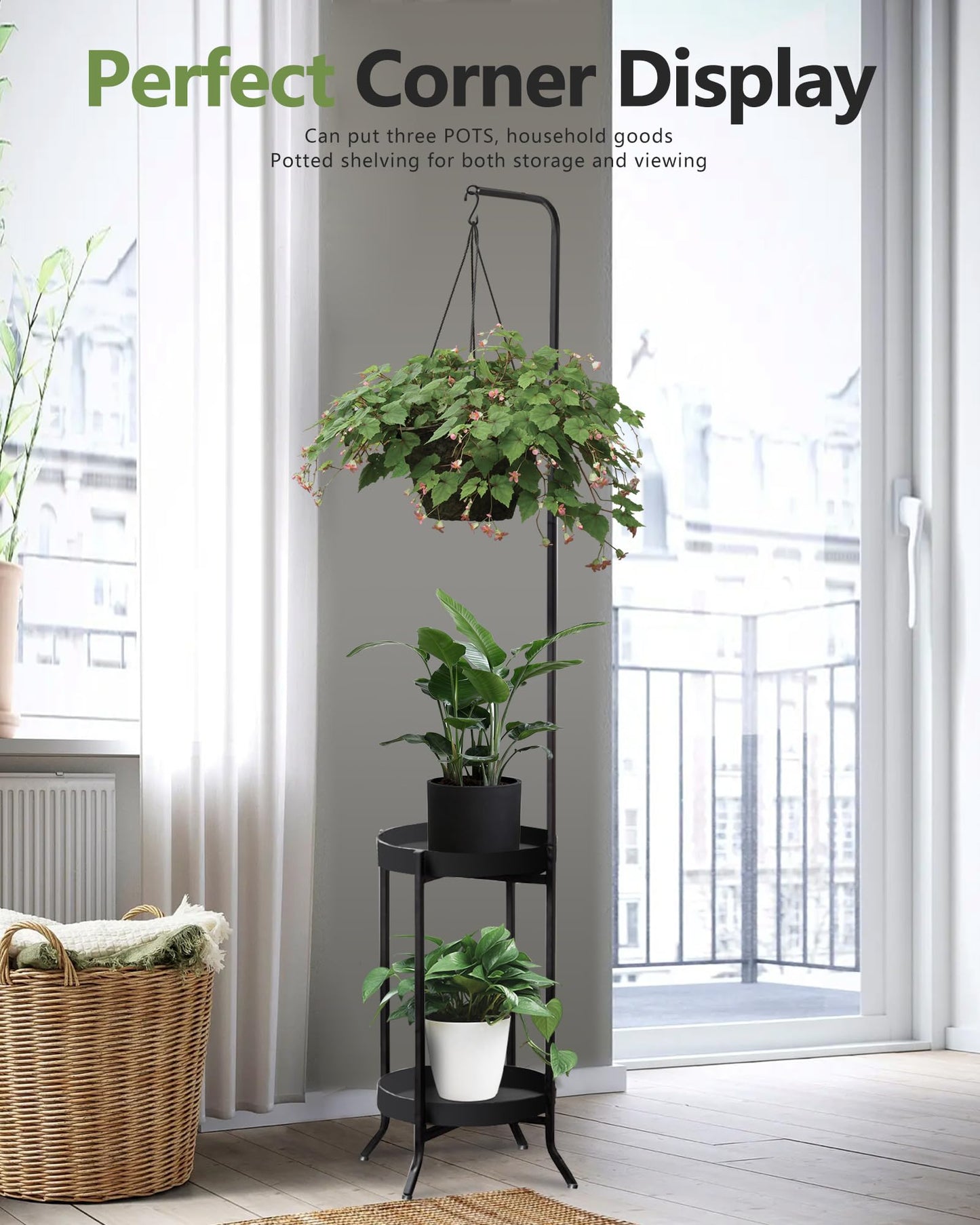 RINBOU 2Pcs Hanging Plant Stand Indoor Outdoor, Space-Saving Corner Metal Plant Shelf 3 Potted Flower Pot Stand, 2 Tier 61" Tall Modern Planter Holder for Patio Garden Balcony Living Room Bedroom