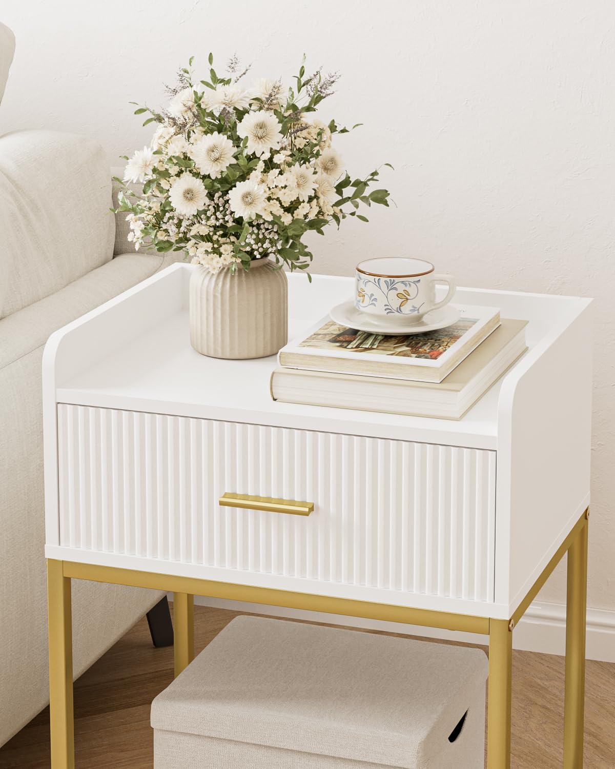 Apetaccat Night Stand, 3-Tier Bed Side Table, Small End Table, Nightstand with Open Shelf and Drawer, Bedside Table for Bedroom, Living Room, White