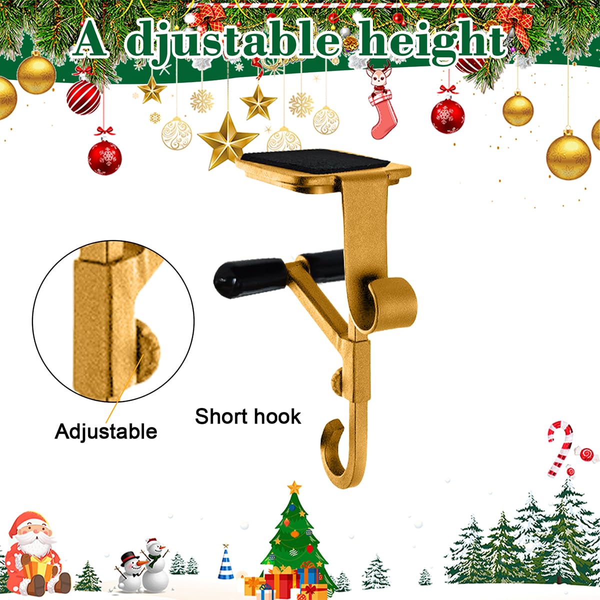 ATRGDUE Fireplace Stocking and Garland Hanger with Two Hooks,Adjustable Mantle Holder- Hold Christmas Decoration and Hang Garland-No Drill,Durable Wrought Iron Holds Up to 20 lbs(3Pcs,Gold)