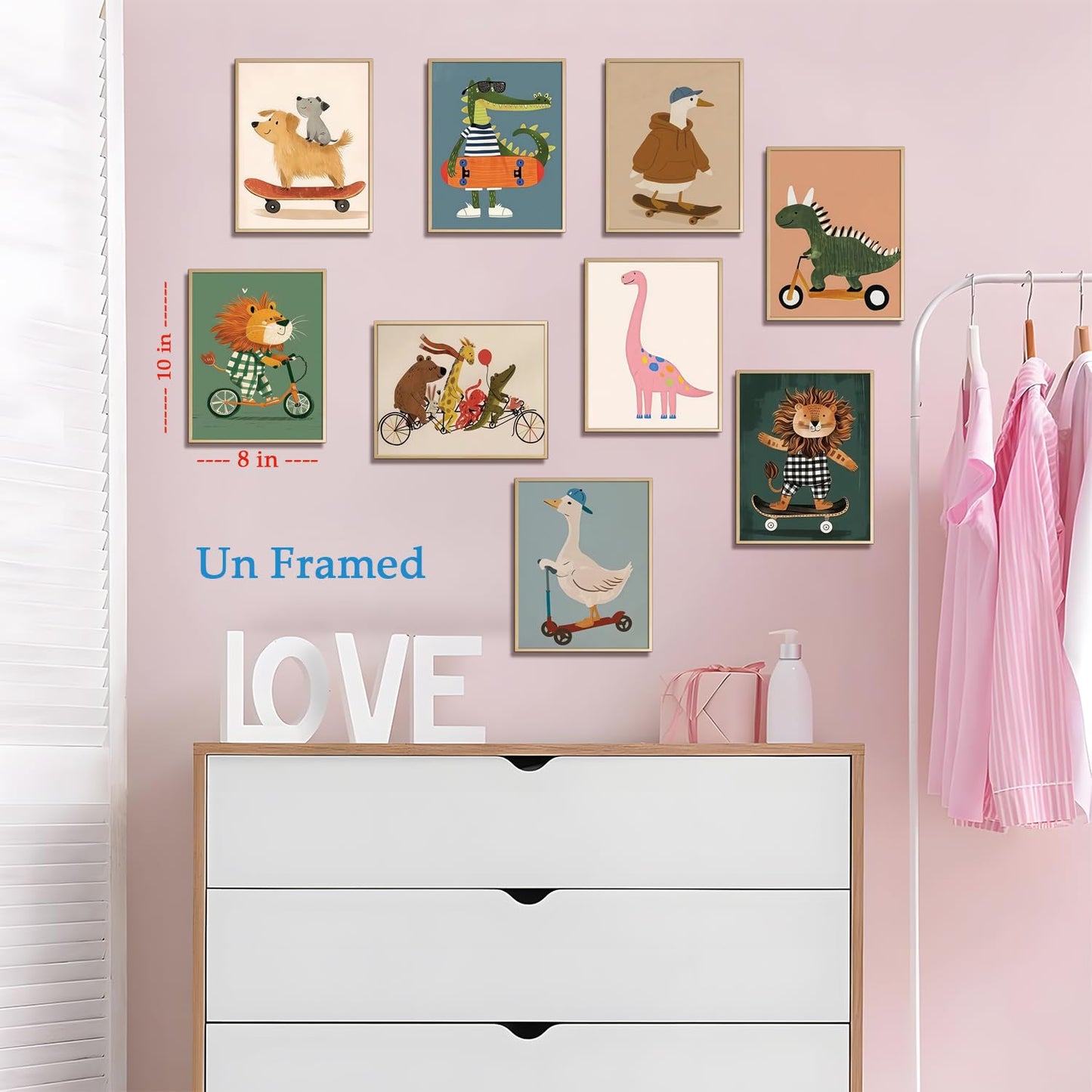 SAMHOU Kids Room Wall Art Set of 9, Funny Cute Cartoon Animal Canvas Prints, Nursery Wall Decor Paintings for Boys Girls Bedroom Baby Room Playroom Classroom Decoration 8x10 Inch Unframed