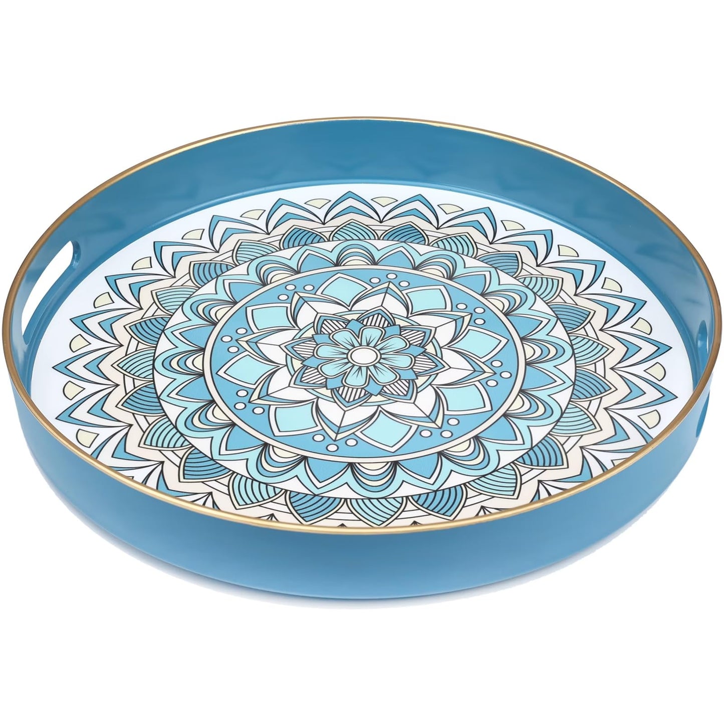 SforGUVA Round Cyan Decorative Tray for Coffee Table, Ottoman, 13” Plastic Serving Platter Tray with Handles for Entertaining, Living Room