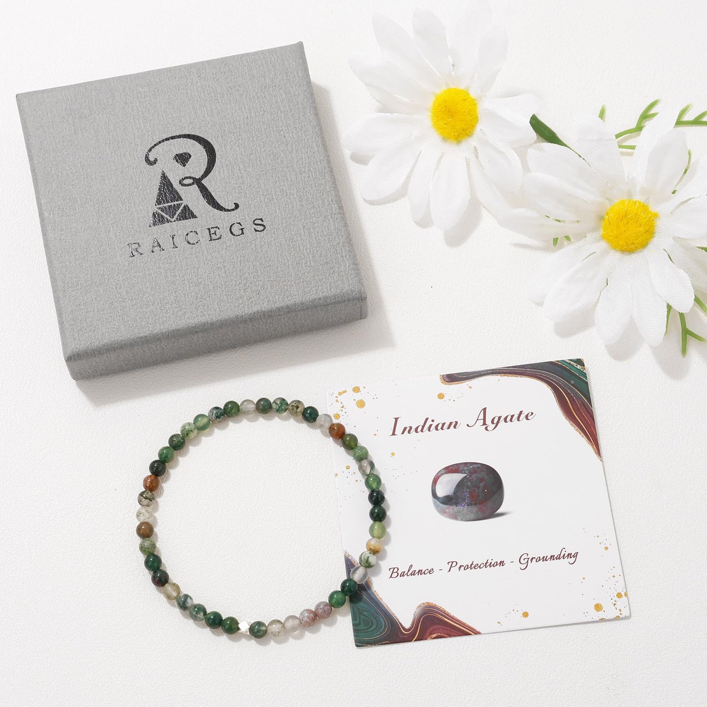 Raicegs 4MM Indian Agate Beaded Bracelets Healing Crystal Bracelet for Women Men Natural Stone Handmade Stretch Bracelet Reiki Spiritual Jewelry
