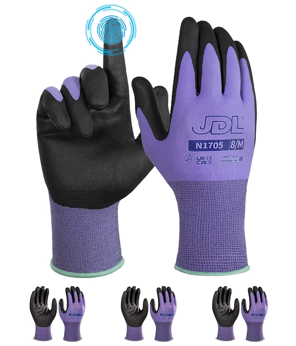 JDL 3 Pairs Microfoam Nitrile-Coated Nylon Work Gloves for Women & Men, Touchscreen Safety Gloves, Lightweight & Breathable with Durable Grip for Construction, Warehouse, Mechanics, Purple, Large