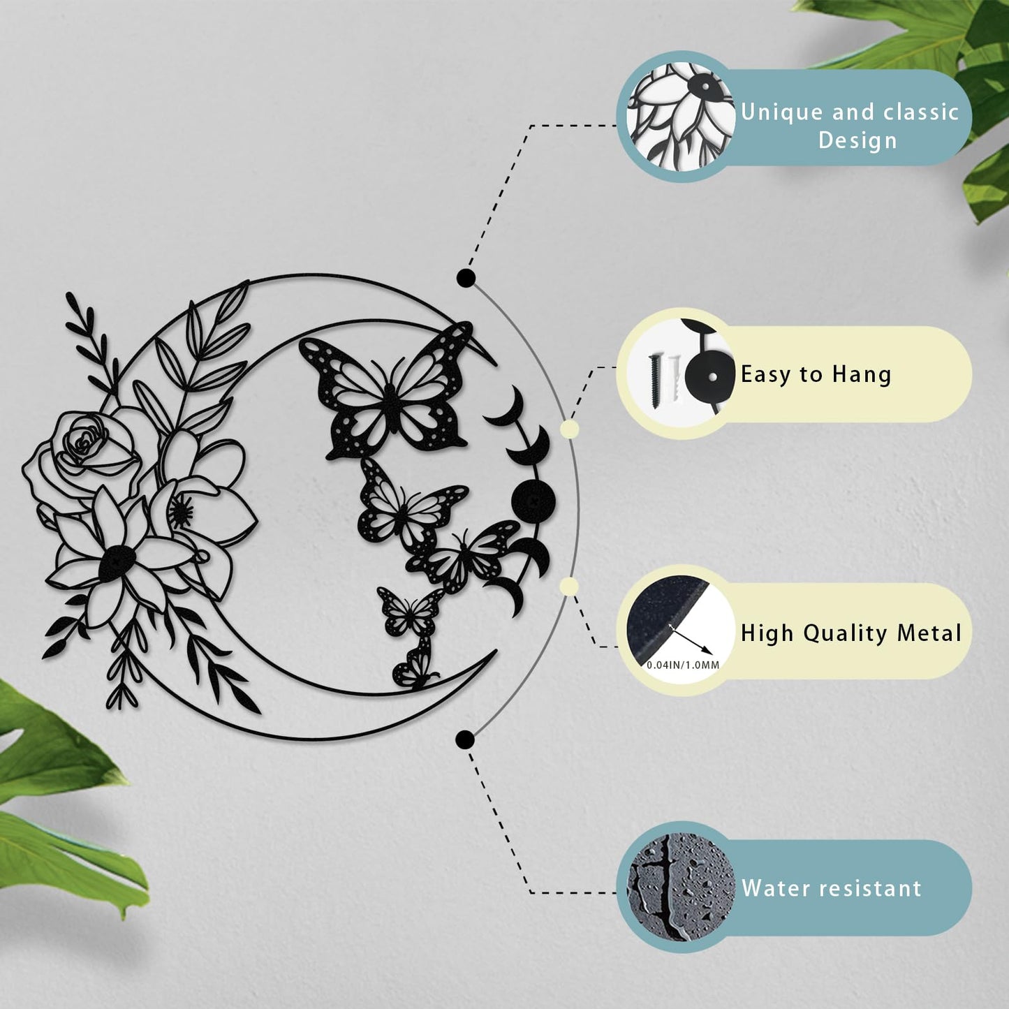 ruelen Moon Butterfly Metal Wall Decor Boho Wall Art Floral Boho Wall Hanging Home for Indoor Living Room Bedroom Bathroom Outdoor Garden Yard Fence Farmhouse Decoration (Moon Butterflies)