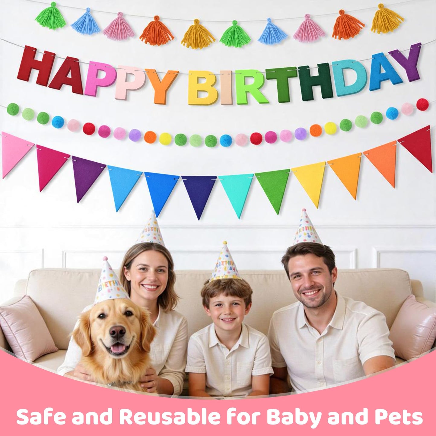4Pcs Felt Pre-Strung Happy Birthday Banner, Handmade Wool Felt Ball Garland, Triangle Flags, Decorations for Kids Adults Party Supplies, Rainbow Party Decorations Fireplace Mantel Wall Window