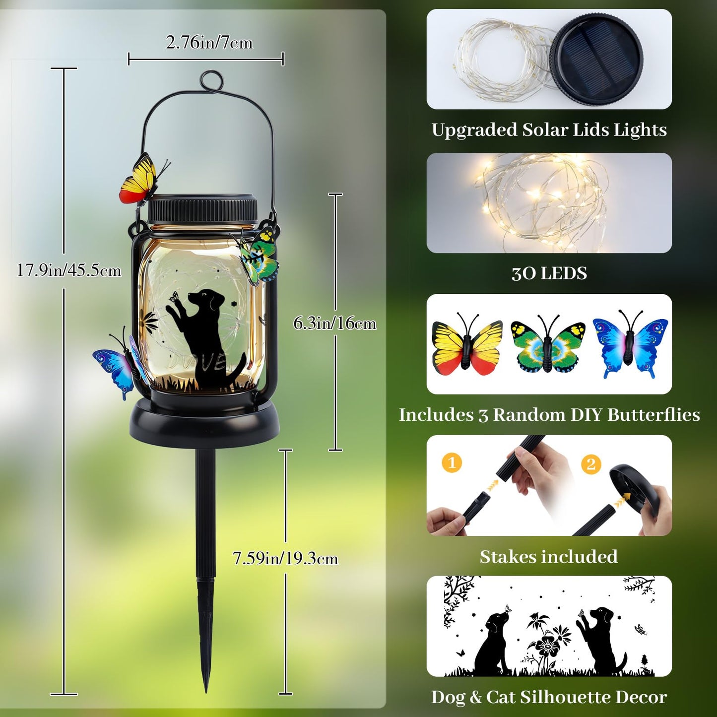 Dog Solar Lanterns Outdoor Garden Solar Dog Lights Dog & Cat Lover Gifts for Women Mom Grandma, Butterfly Fairy Lights Waterproof Hanging Mason Jar Lamps (Dog Kiss Butterfly)