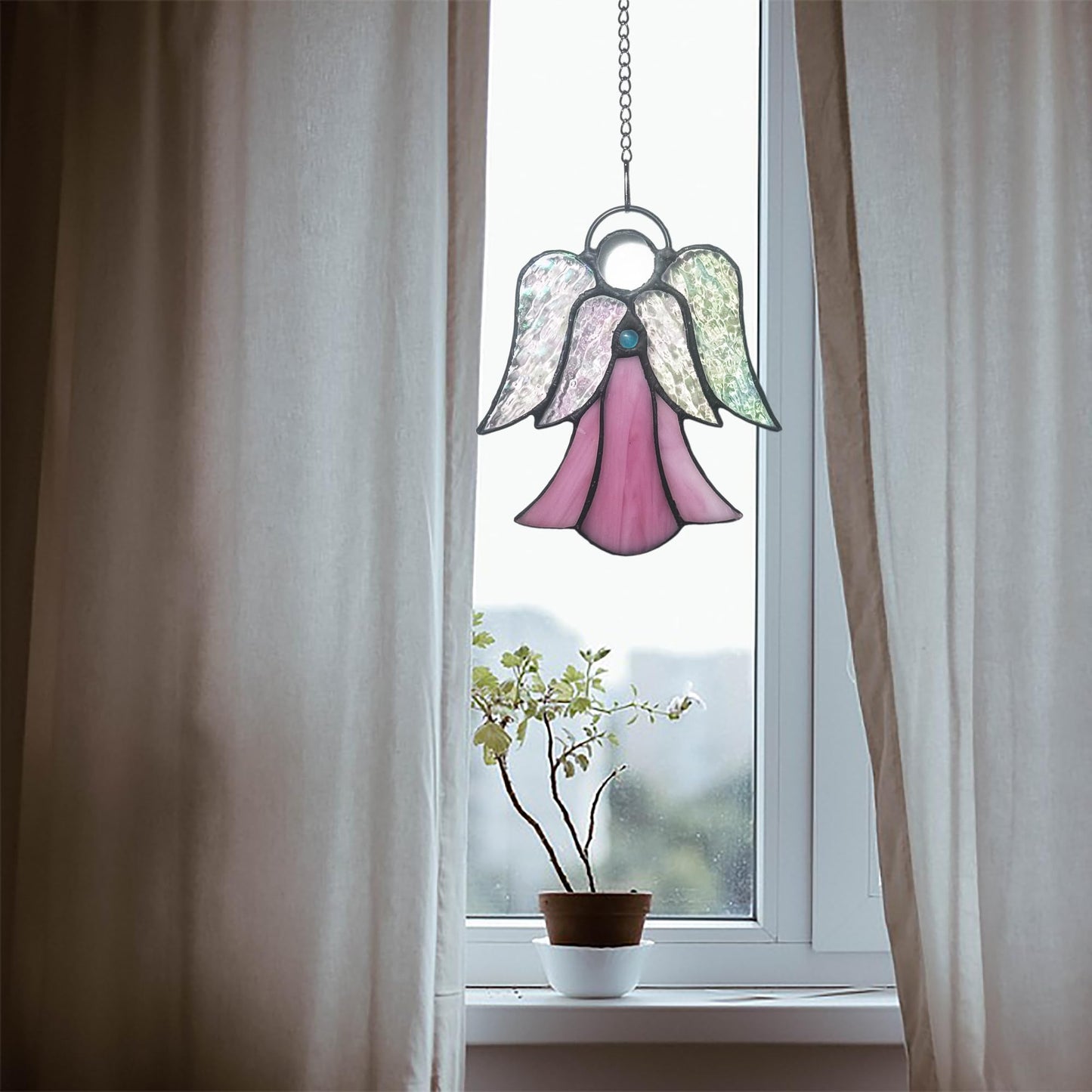 Stained Glass Angel Window Hanging Pink Angel Sun Catcher Handmade Home Ornament Decor Thank You Mother Gifts for Family,Friends,Nurse,Memorial