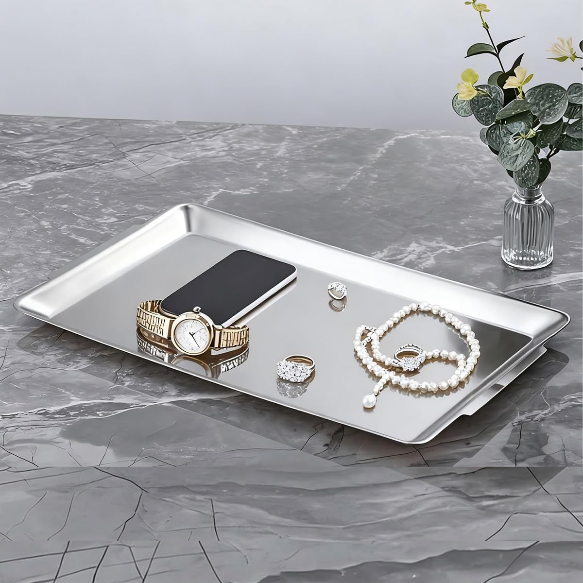 15.8" x 9.5" Large Serving Platters, Stainless Steel Heavy-Duty Large Serving Trays, Silver Rectangular Plates for Food, Fruit, Party, Wedding, Christmas, Chip and Scratch Resistant