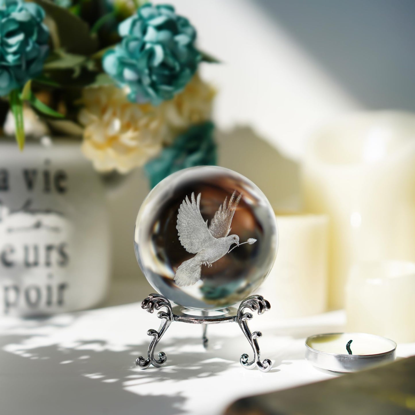 ZEERSHEE 60mm 3D Peace Dove Crystal Ball Figurine with Stand Glass Pigeon Ornament Decor for Home Table