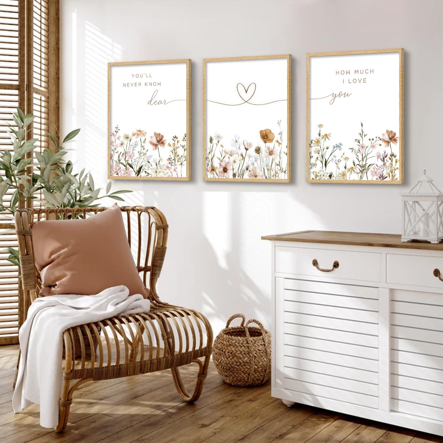 3Pcs Framed Boho Nursery Wall Art Flower Botanical Sentence Painting Picture Wall Decor Wildflower Children's Room Poster Print Artwork for Nursery Baby Room Living Room Bedroom Home Decoration