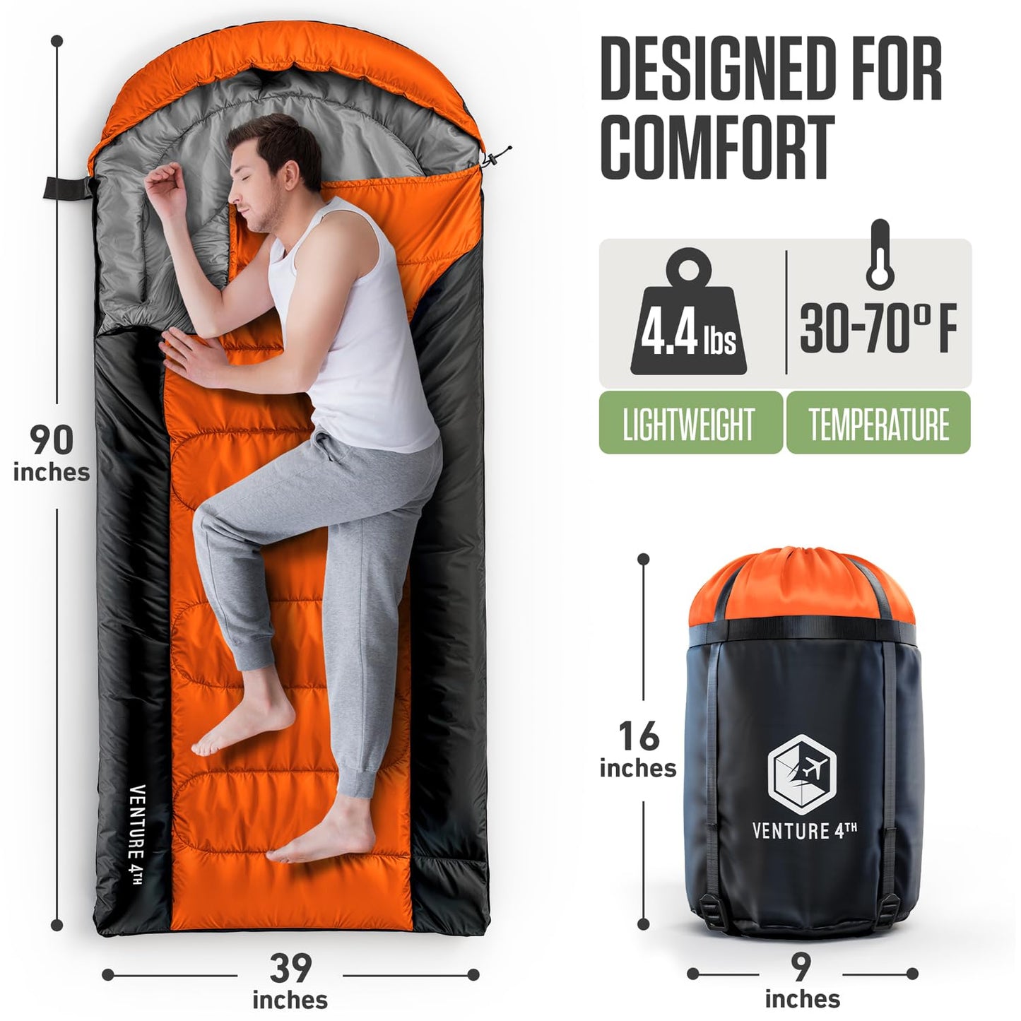 VENTURE 4TH 3-Season XXL Backpacking Sleeping Bag, Camping Sleeping Bags for Adults & Kids - Lightweight, Comfortable, Water Resistant, Ideal for Hiking, Camping & Outdoor – Orange/Black