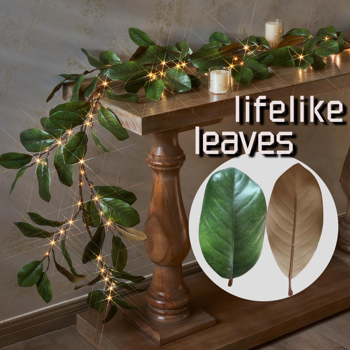 Fudios Magnolia Lighted Garland with Timer 6FT 80 LED Fairy Lights Battery Operated or USB Plug in, Artificial Greenery Garland Lights for Spring Holiday Party Mantle Decoration