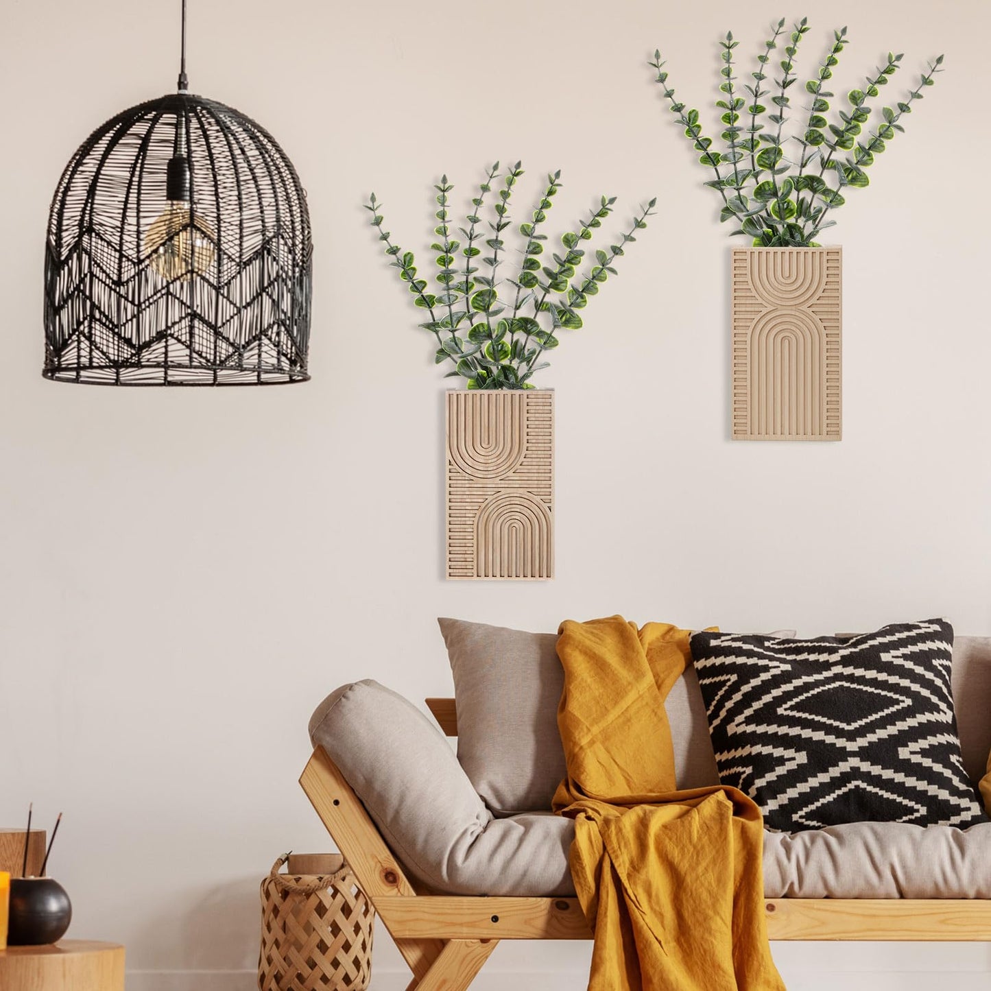 Ninehaoou 2 Pack Modern Farmhouse Wall Decor Wood Planter Vase with Artificial Eucalyptus Farmhouse Bohemian Hanging Wall Decor for Bathroom Dinning Room Living Room Hallway Bedroom(Brown)