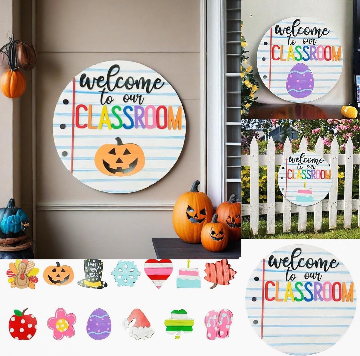Welcome to Classroom Front Door Decoration Sign, Seasonal Door Sign,- Interchangeable Wooden Plaque for Classroom/Home, DIY Wall Decor for Christmas Holidays & Back-to-School,13 Patterns