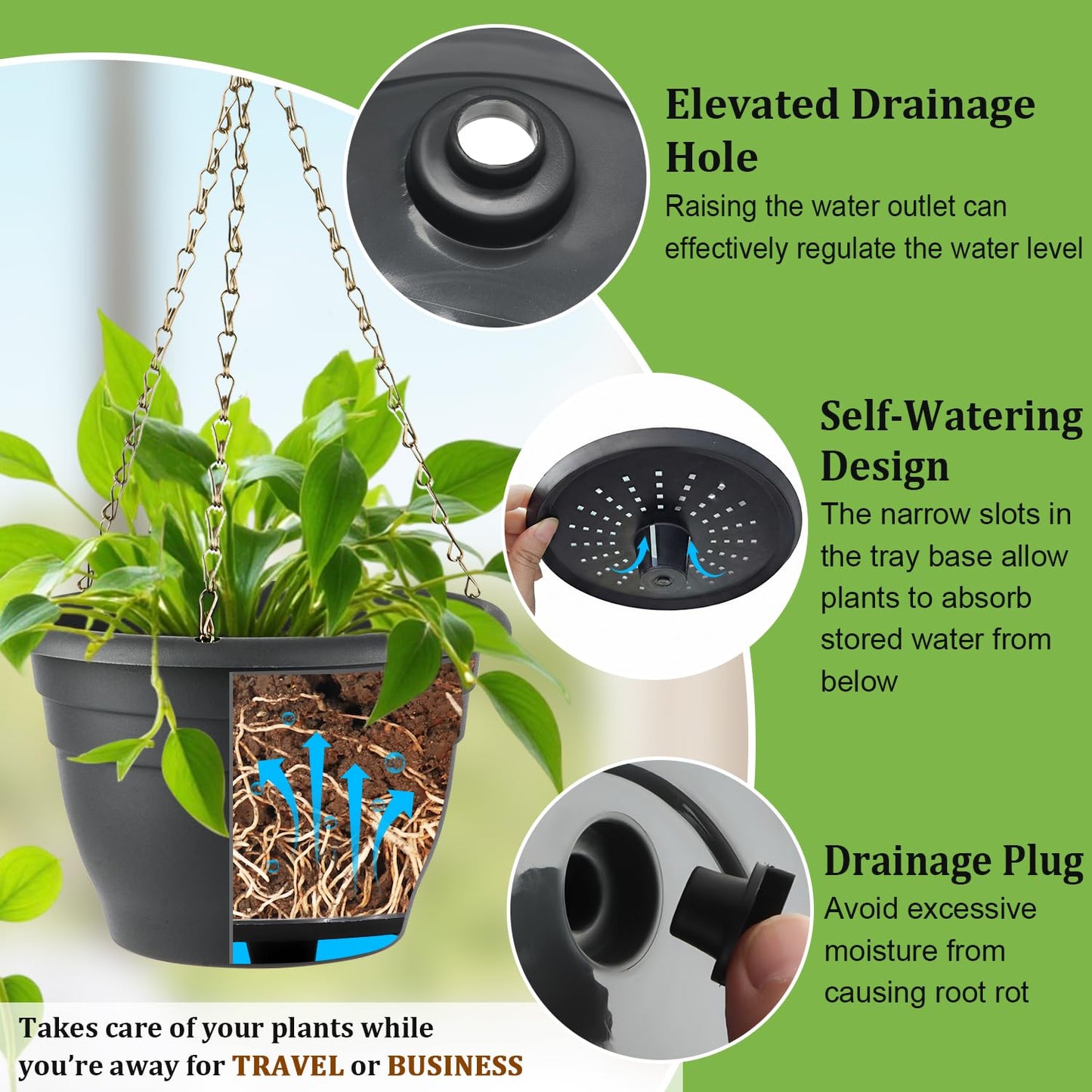RooTrimmer Hanging Planters 10 Inch, 4 Pcs Flower Pots with Drainage Hole, Self Watering Hanging Basket for Indoor Outdoor Plants, Decor, Gray
