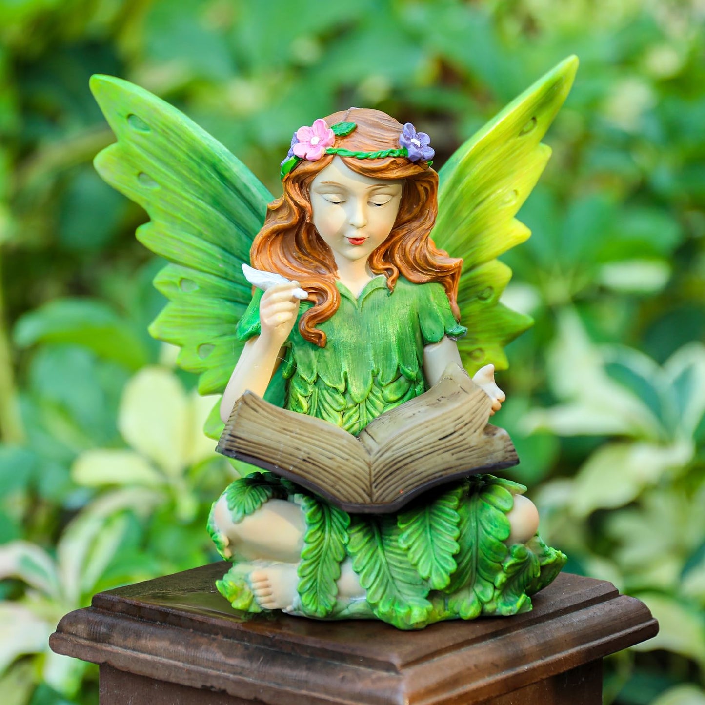 Afirst Solar Garden Fairy Statue, Green Fairy Solar Light Outdoor Resin Statues Figurine Light, Angel Reading Book Sculpture Solar Light for Outside Patio Garden Yard Lawn Decor