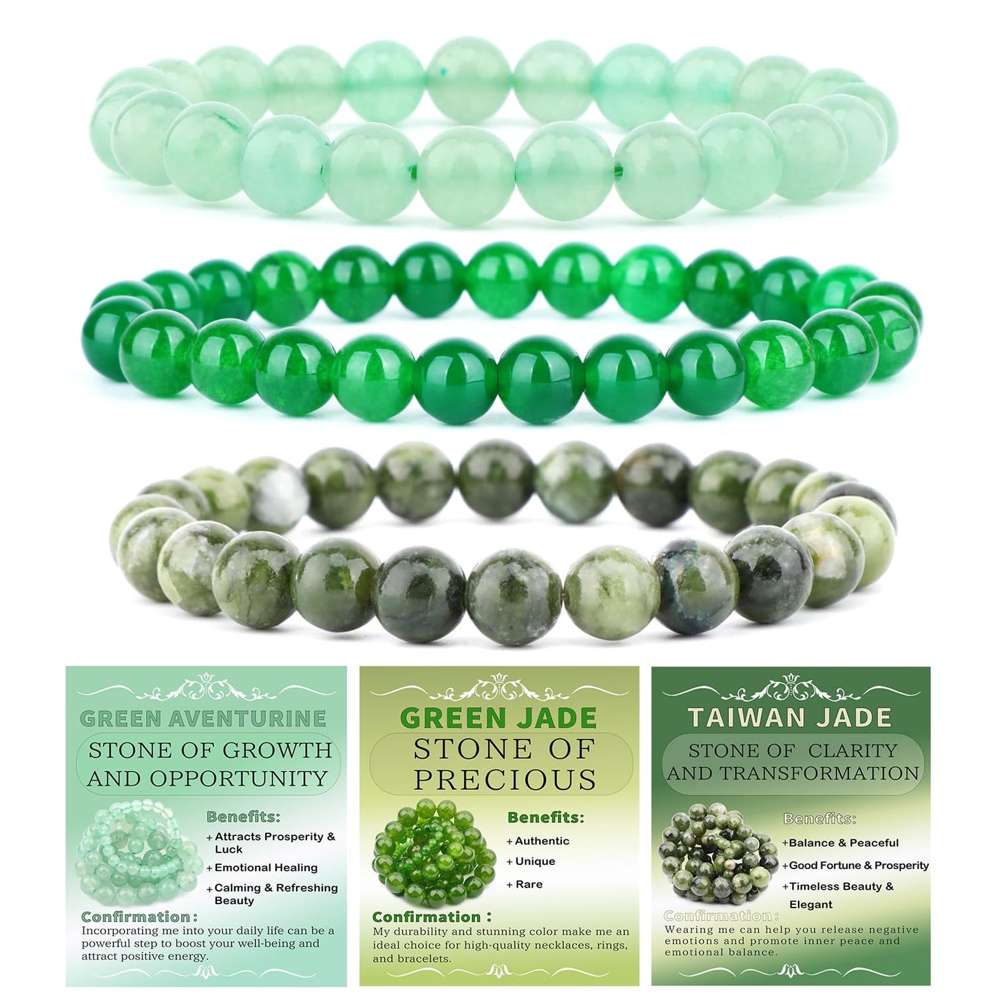 CMBYN 3-Pieces 8mm Natural Crystal Gemstone – ﻿Green Jade, Green Aventurine, Taiwan Jade Handmade Reiki Energy Healing Stretch Bracelets Jewelry for Yoga, Meditation, Unisex
