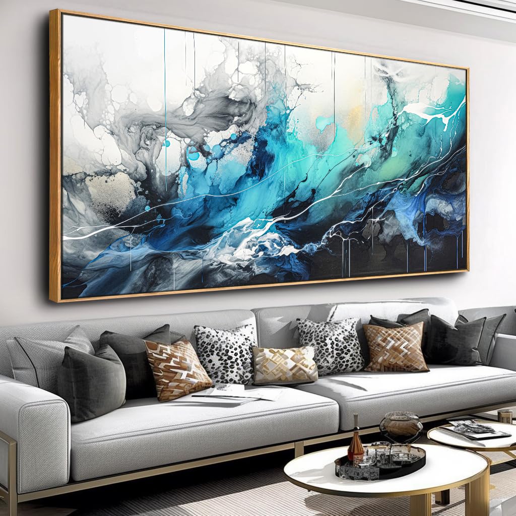 Wall Art Abstract Canvas Painting Teal Blue Modern Artwork for Living Room Bedroom Dining Room Home Office Decor 20"x40" with Framed