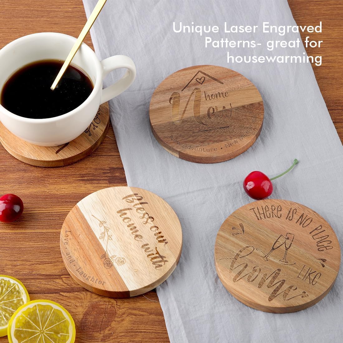 WLWNWFT Wood Coasters for Drinks Tabletop Protection with Holder Set of 6, Acacia Wooden Coaster for Coffee Table Dining Table Round with Non-Slip Pad Cup Coaster for Home Christmas Decor 4 Inch