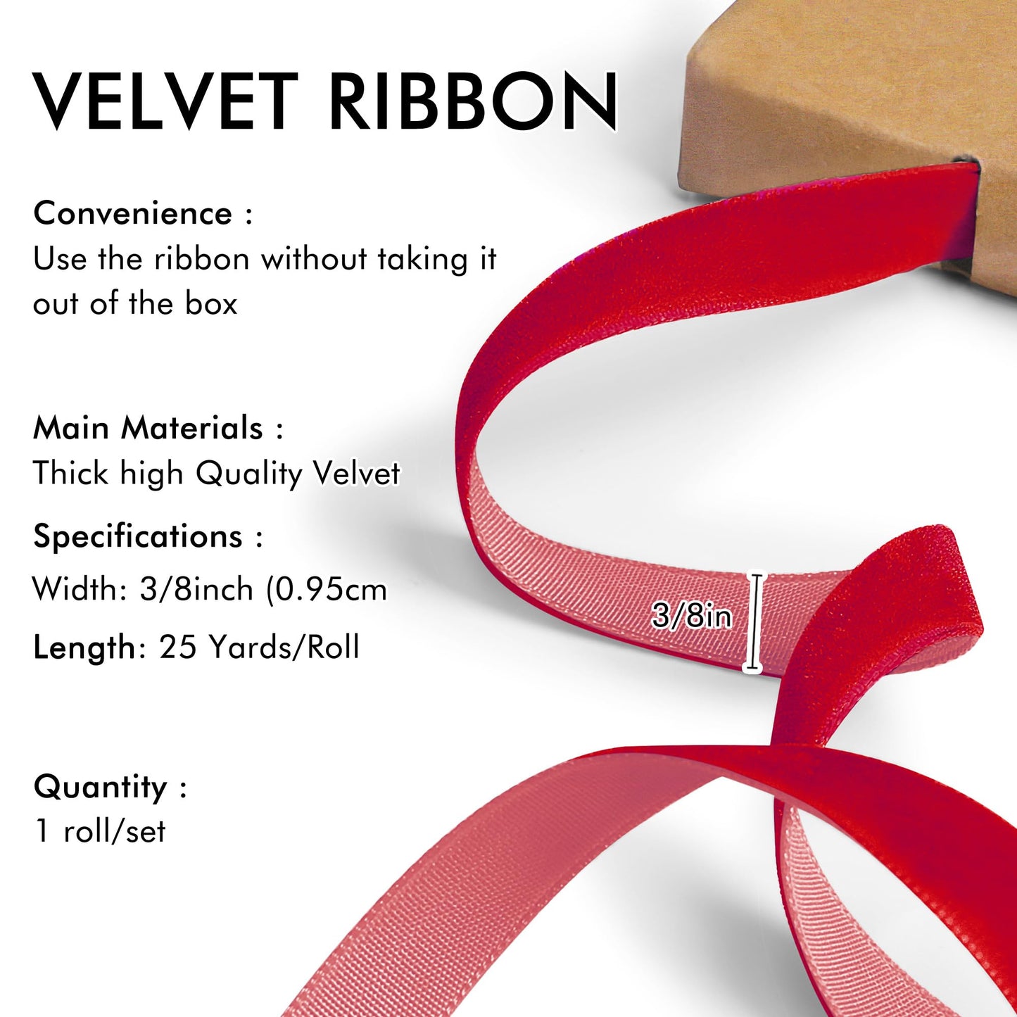 Red Velvet Ribbon 3/8'' 25 Yards for Christmas Tree, Gift Wrapping, Flower Bouquet, Wreath Decorations, Bow Making