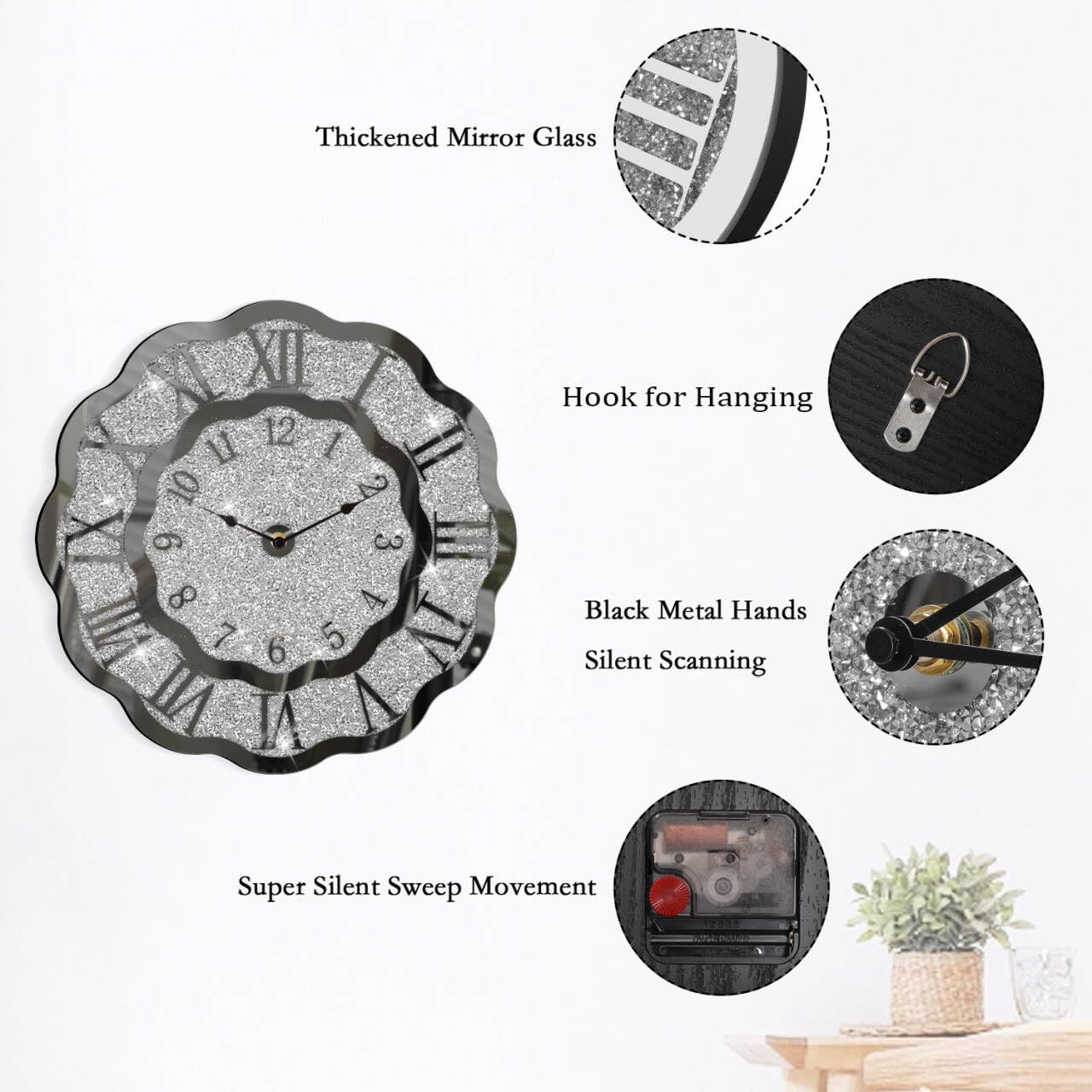 FEUFOAM Crushed Diamond Mirrored Wall Clock Silver Modern Crystal Clocks for Bedroom Unique Home Decorative Glass Mirror Hanging Clock for Living Room Office Dining Decor