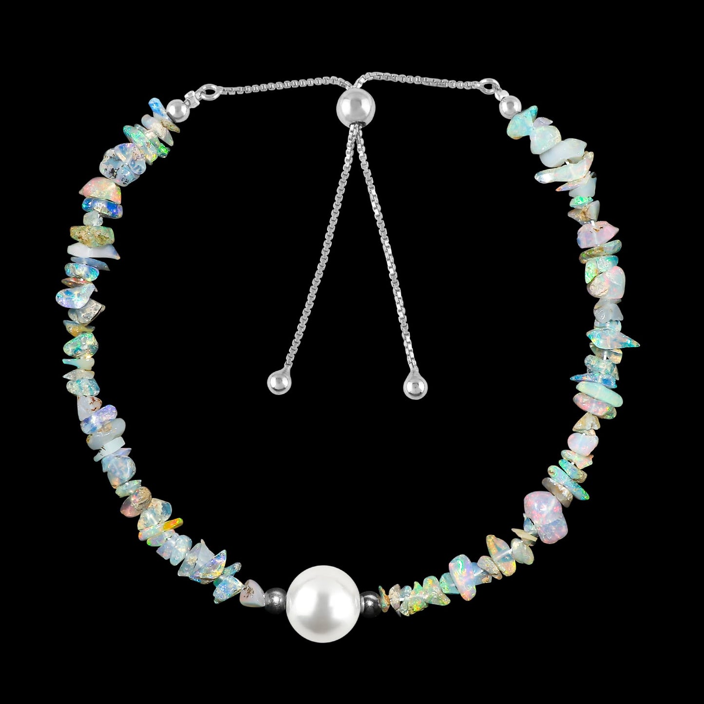 Crystals for Calm - Natural Ethiopian Opal Beads Slider Bracelet with Elegant Pearl, High Grade Nuggets Crystal, Chakra Healing Gemstone, Gift Giving Women Jewelry, Silver Plated Slider 10 inch