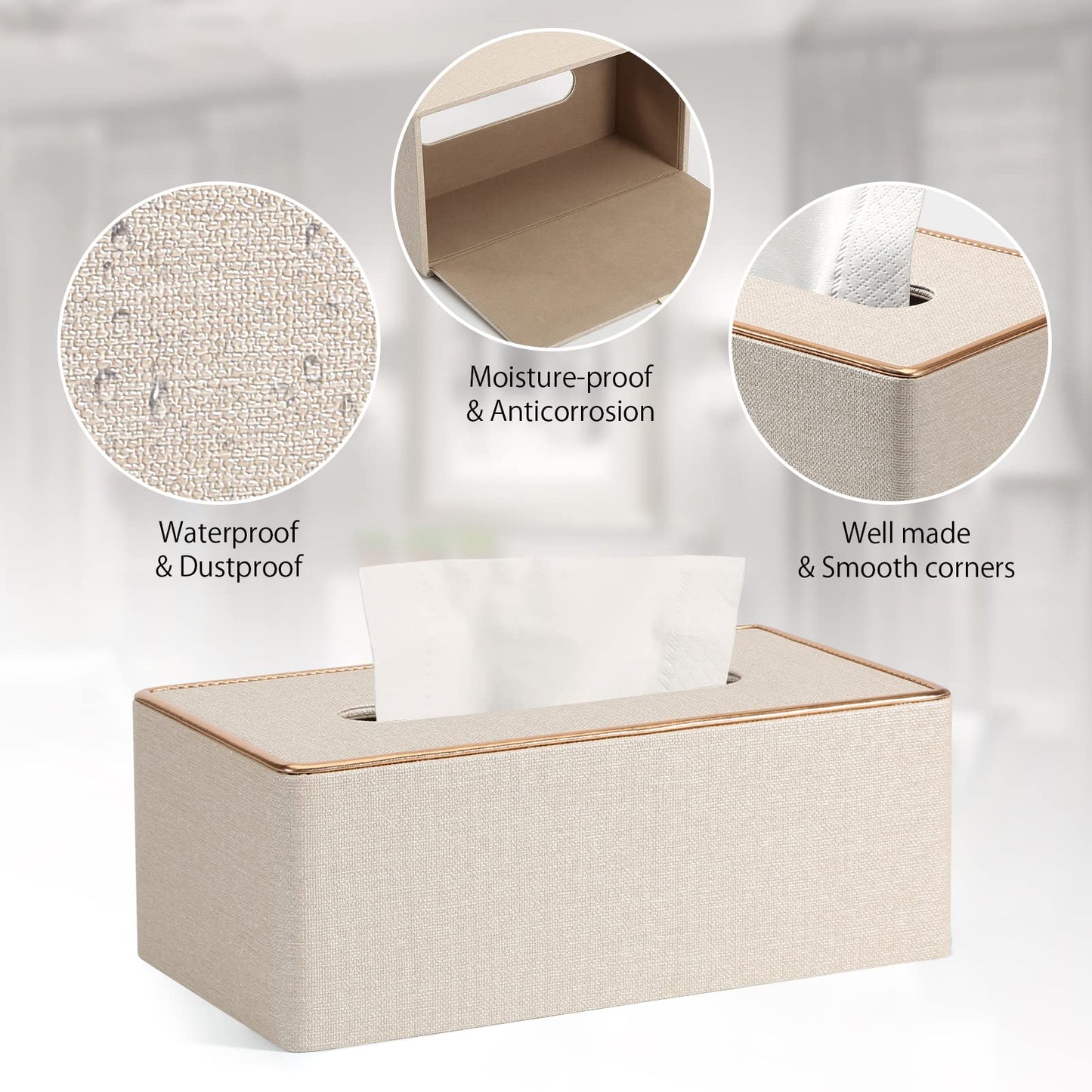 Tissue Box Cover, PU Leather Tissue Box Holder Rectangular Box Covers for Home/Office/Car Decoration 9.84"X5.23"X3.77" - Beige