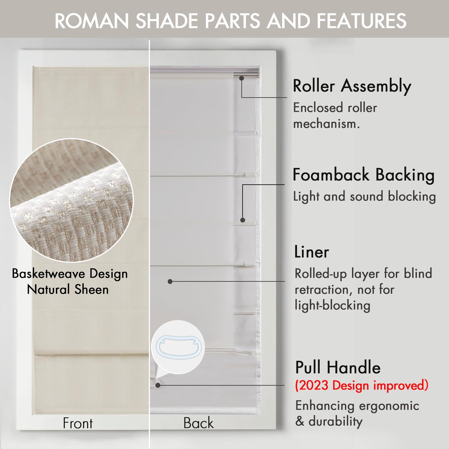 Madison Park Galen Cordless Roman Shade, 34"W x 64"H, Sheen Ivory – Room Darkening, Thermal Insulated, Energy Efficient Window Blind with Subtle Sheen Basketweave Fabric for Privacy