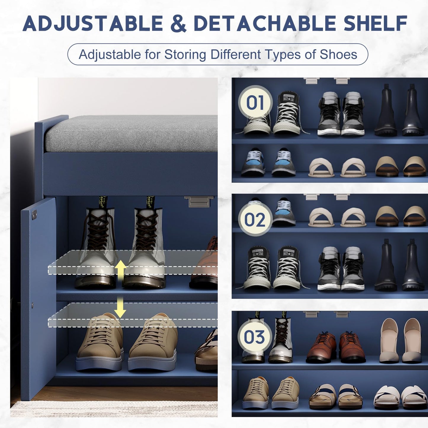 HOTAMO 42.6" Storage Bench - Entryway Shoe Bench with Side Storage Shelves and 3 Doors, Multifunctional Entryway Bench with Lift Top Cushion, Shoe Storage Bench for Bedroom, Living Room, Blue