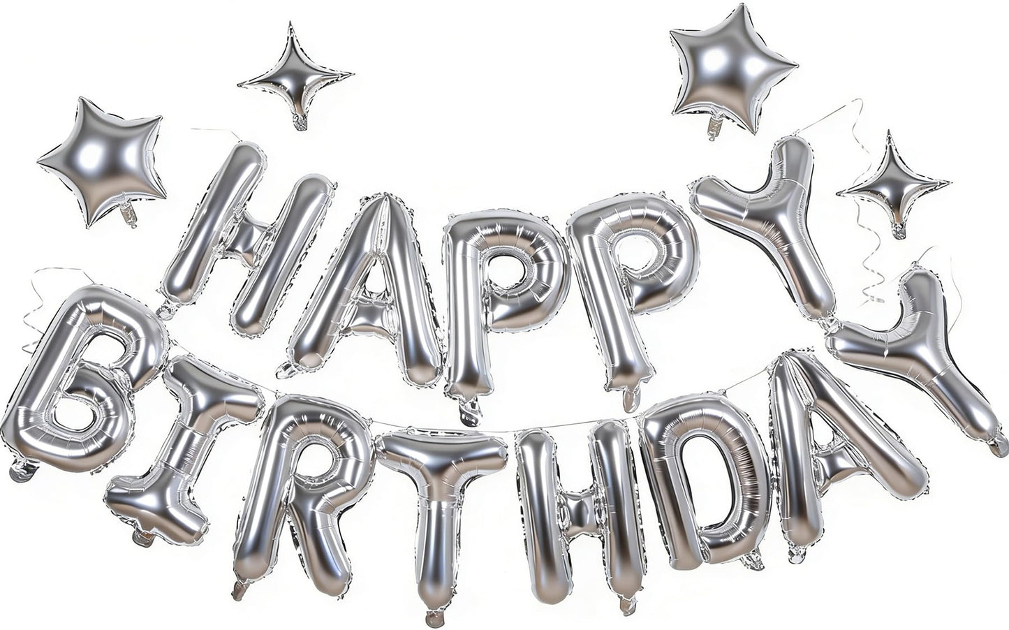 Silver Happy Birthday Banner Balloon Aluminum Foil 16 Inch Letter,10 Inch Five Pointed Star Four Pointed Star Suitable for Kids, Men, Women, Boys and Girls Party Decoration Supplies