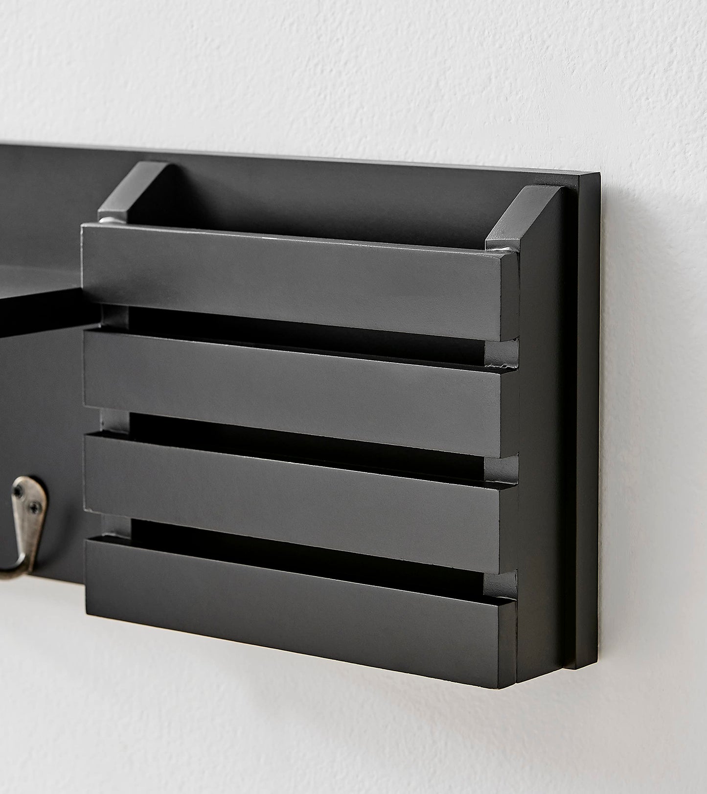 Danya B. Entryway Utility Wall Shelf with Pocket and Hanging Hooks (Black)