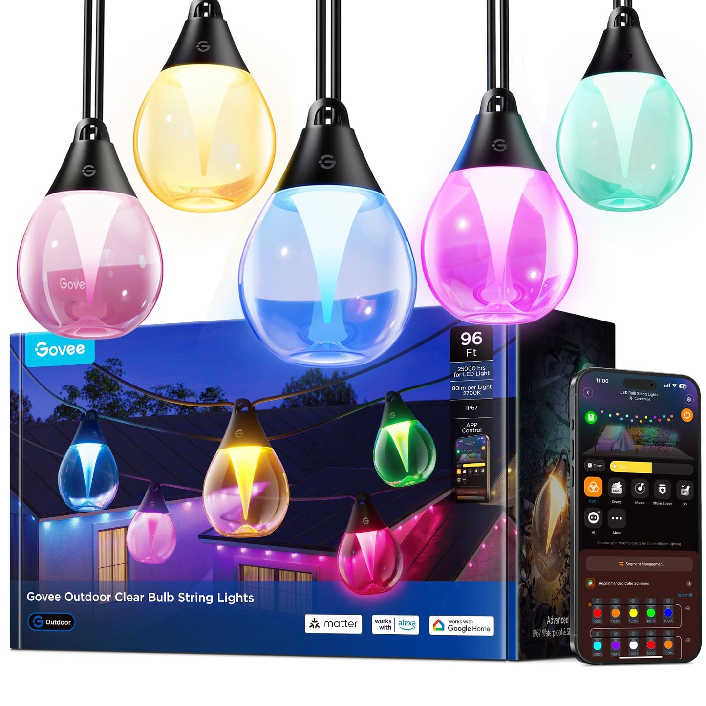Govee Clear Bulb Outdoor String Lights, 96ft RGBWIC Dimmable Patio & Backyard Lights with 30 LED Bulbs, 111 Modes, IP67 Waterproof & Shatterproof, Works with Alexa, Google & Matter
