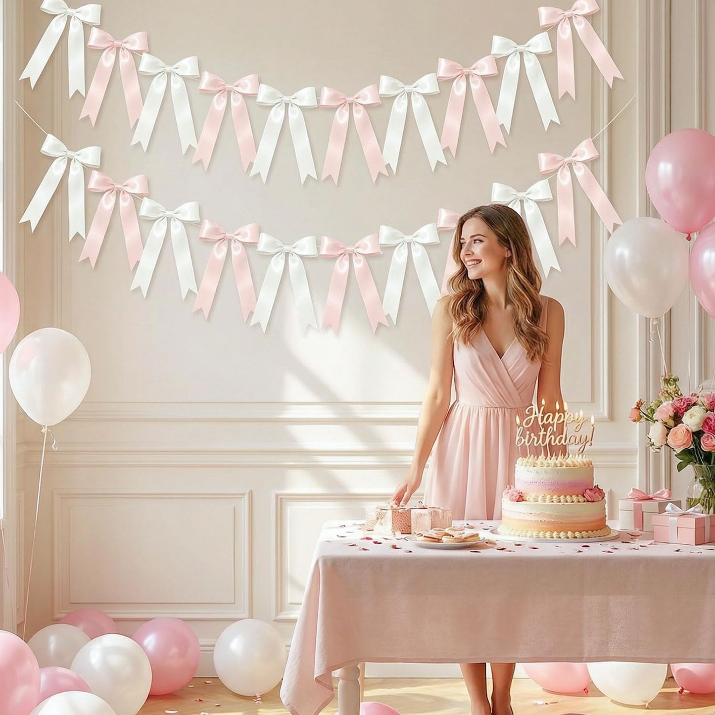 NatNarr 2 Pcs White and Pink Bow Garland, Satin Ribbon Valentines Day Decorations Pre-Strung Bow Garland Party Banner for Wedding Birthday Baby Bridal Shower