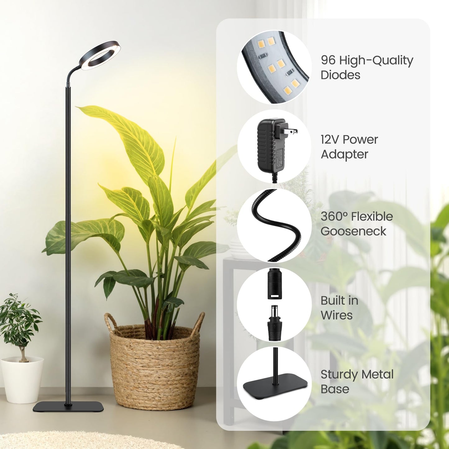 MistyJungle Grow Lights for Indoor Plants,Floor Lamp with 63IN Stand,Full Spectrum,10 Dimming,Halo Ring Warm Light, 3/9/12H Timer,Height Adjustable,Metal Stable Base Growing Light for Tall Small Plant