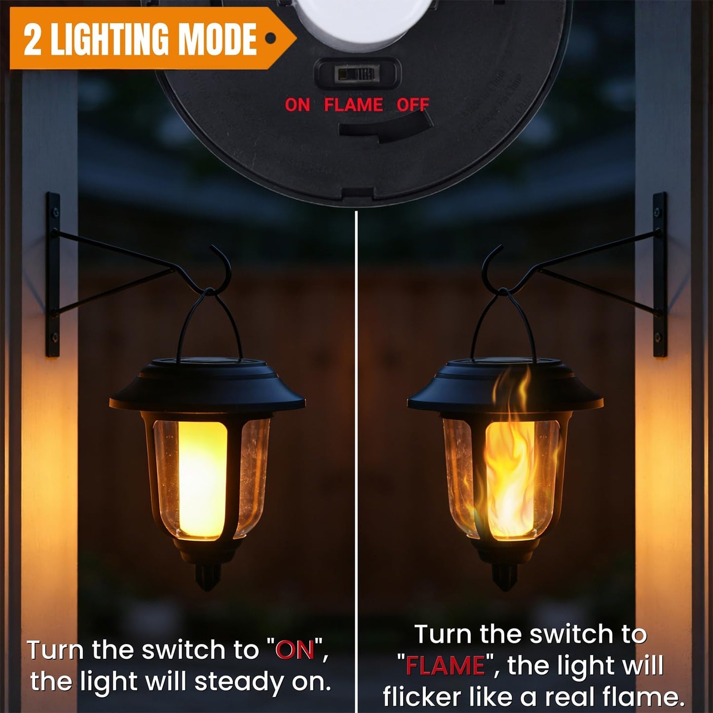 Dynaming 2 Pack Solar Flame Lanterns Outdoor, Hanging Solar Powered Wall Mounted Sconce Lights, Flickering Flame LED Light Auto On/Off, Waterproof for Garage Stair Patio Front Porch Yard