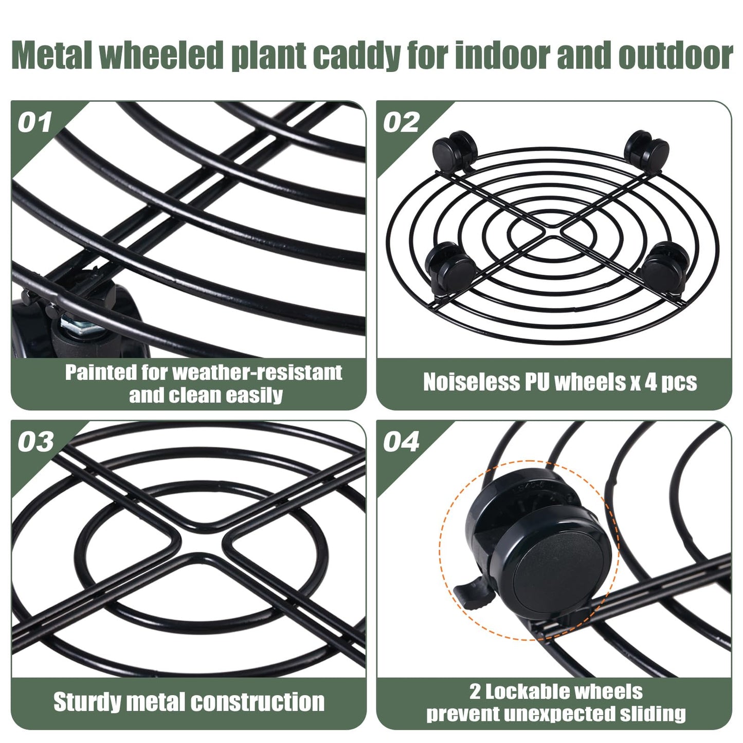6 Packs 14 Inches Large Metal Plant Caddy with Wheels Rolling Plant Stands Heavy-duty Wrought Iron Plant Roller Base Pot Movers Plant Saucer on Wheels Indoor Outdoor Plant Dolly with Casters Planter Tray