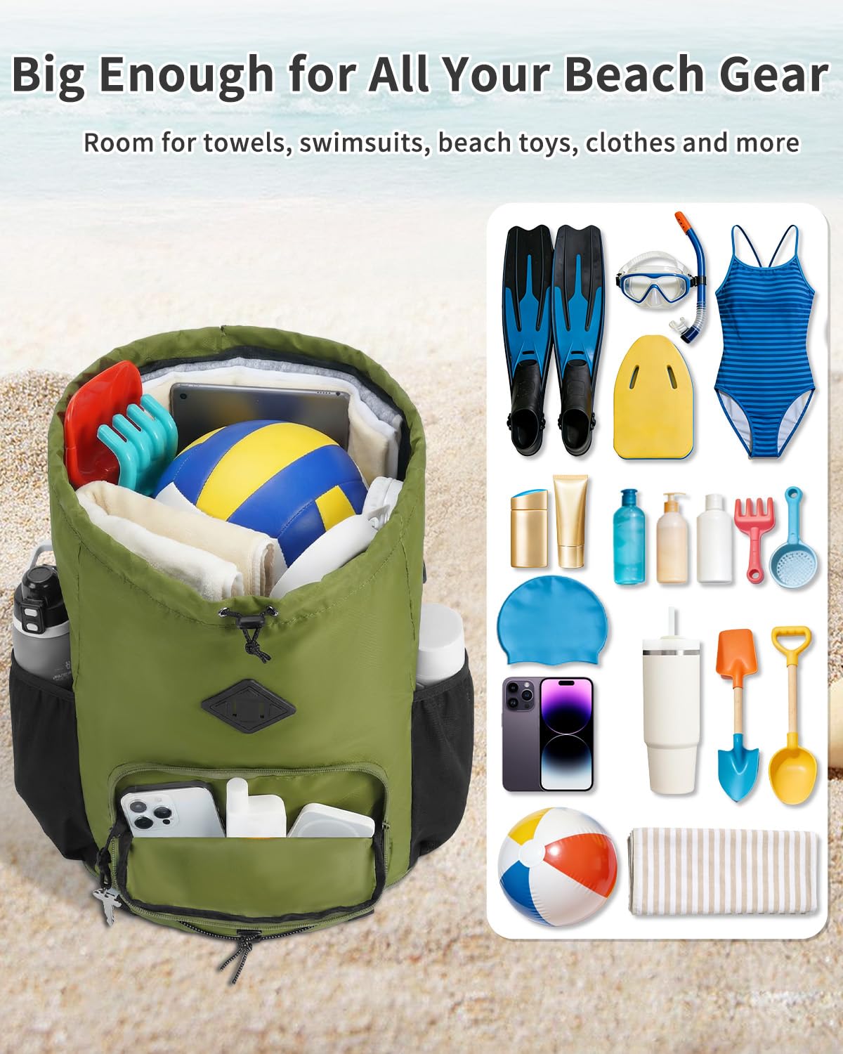 WANDF Drawstring Backpack with Removable Wet Pocket, Sandproof Beach Backpack with Bottom Compression Strap for Beach Mat, Swim Bag for Pool, Gym, Travel and Workout Gear (Dark Green)