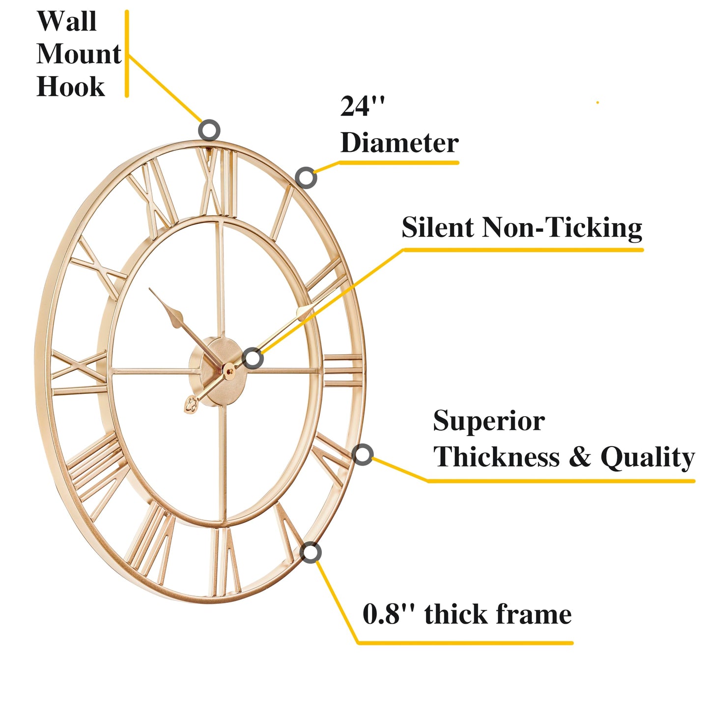 CLXEAST Champagne Gold Metal Wall Clock, Large Roman Numeral 24 Inch Wall Clocks for Living Room Decor,House Warming Gifts New Home