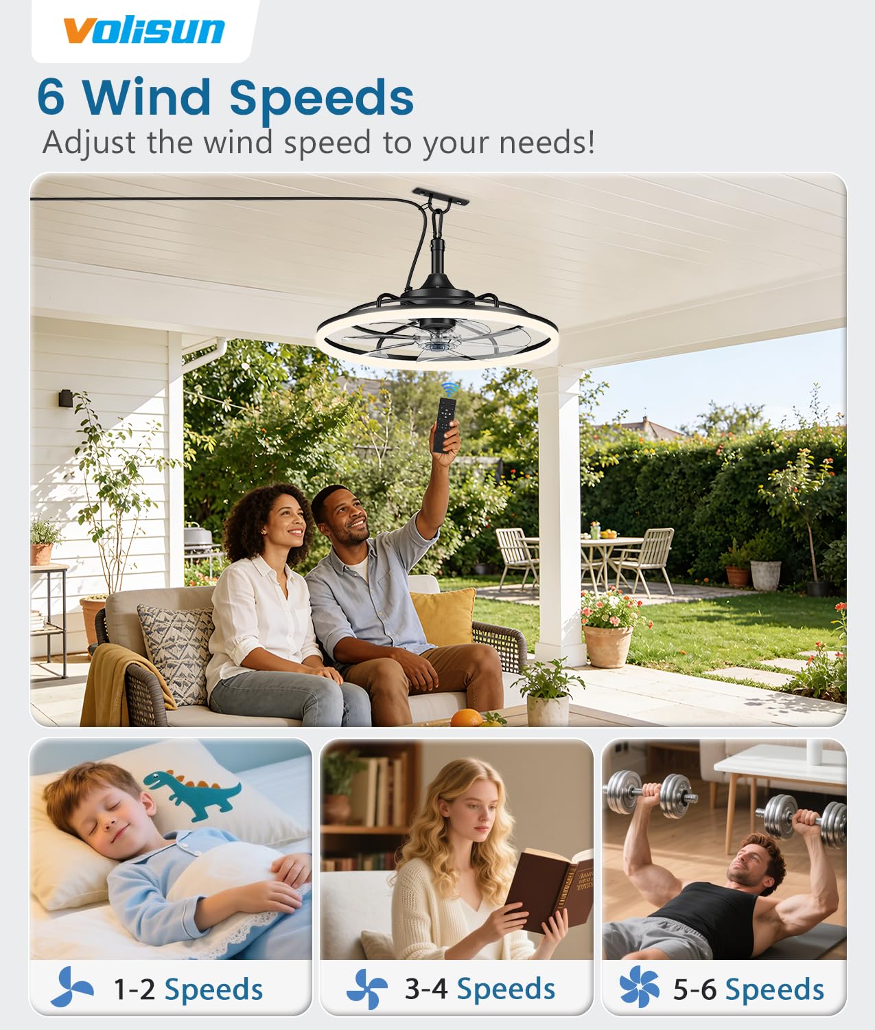 VOLISUN Outdoor Ceiling Fans with Light for Patios, 23.6in Weatherproof Plug in Ceiling Fan, 3000K-6500K Dimmable Gazebo Fan Remote&APP Control, Black Caged Ceiling Fan for Porch, Pergola,Canopy