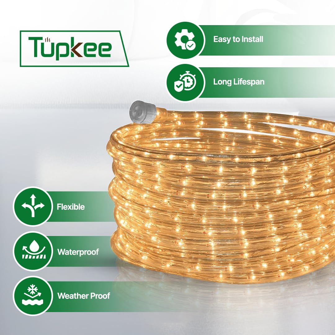 Tupkee Rope Light Warm Clear - 24 Feet (7.3 m), for Indoor and Outdoor use - 10MM Diameter - 288 Clear Incandescent Long Life Bulbs Decorative Rope Tube Lights - Pack of 2