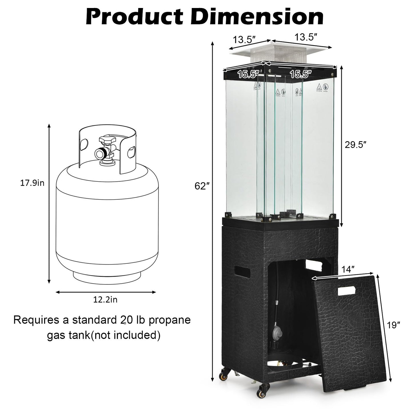Tangkula 41,000 BTU Propane Patio Heater with Waterproof Cover, Outdoor Heater with Lockable Wheels, Adjustable Feet, Tempered Glass Tube, Suitable for Garden Porch Patio Deck (Black)
